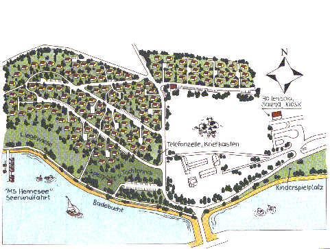 das Feriendorf /  Ferienpark Hennesee  bei Meschede im Sauerland  mit ca. 140Ferienhusern, in dem auch dieses romantische Ferienhaus steht. Zwischen dem Ferienpark und dem Hennesee ist eine ffentliche Liegewiese mit Naturbadestrand.